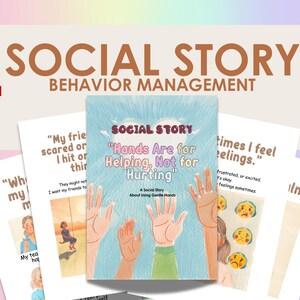 Può includere: Un libro di storie sociali con il titolo "Hands Are for Helping, Not for Hurting" e illustrazioni di mani che si tendono. Il libro fa parte di un set di storie sociali stampabili per la gestione del comportamento.