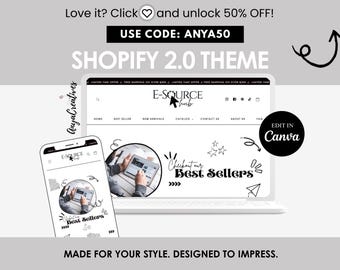 Shopify Theme Black White Minimal Shopify Template Editable Canva Banners Minimalist Elegant Shopify Store Design for Digital Products -ESh