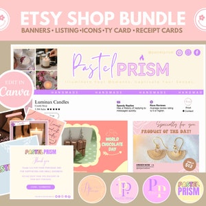 Etsy Shop Kit Banner Templates, Pastel Prism Rainbow Etsy Bundle Branding Kit Template Editable Canva Banner Mockup Templates Etsy Branding