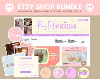 Etsy Shop Kit Banner Templates, Pastel Prism Rainbow Etsy Bundle Branding Kit Template Editable Canva Banner Mockup Templates Etsy Branding