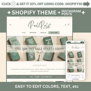 Może przedstawiać: Zrzut ekranu strony internetowej dla motywu Shopify o nazwie "Pixel Pals" z zielono-białym schematem kolorów. Strona internetowa reklamuje 35% zniżki i zawiera makietę telefonu komórkowego wyświetlającą motyw na telefonie.