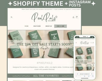 May include: A screenshot of a website for a Shopify theme called "Pixel Pals" featuring a green and white color scheme. The website advertises a 35% off sale and includes a mobile phone mockup displaying the theme on a phone.