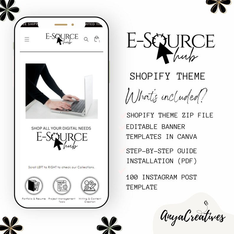 Shopify Theme for Digital Products Black White Shopify Template Editable Canva Banners Minimalist Elegant Shopify Store Design