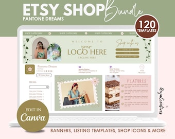Etsy Shop Banner Templates, Cottagecore Sage Green Editable Etsy Branding Kit Template Canva Banner Templates | Pantone Esty Shop Banner