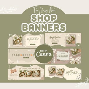 Könnte beinhalten: Shop-Banner-Vorlagen von The Mossy Nook, mit einer neutralen Farbpalette und floralen Akzenten. Die Banner enthalten Texte wie "Exclusive!", "Best Seller", "Sale", "New Collection" und "New Arrivals". Der Text "Edit in Canva" ist ebenfalls sichtbar.