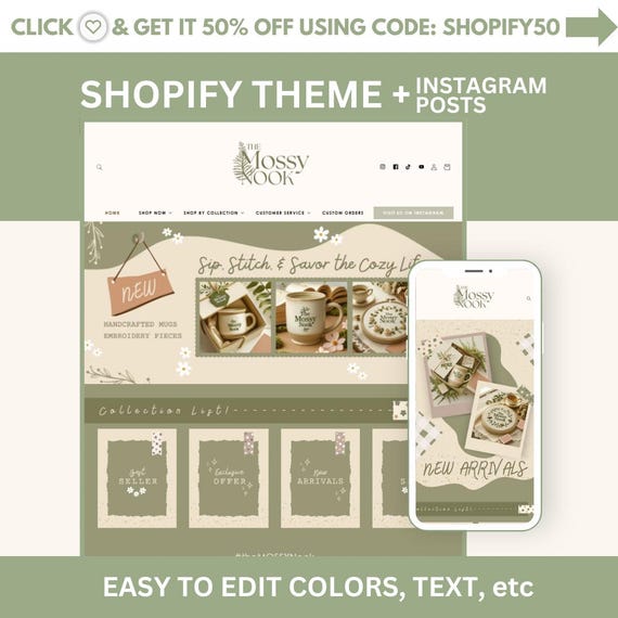 Aesthetic Shopify Theme -  cottagecore Shopify Template - Shopify theme for Gifts - Shopify theme for Digital Products - MOSSYV1