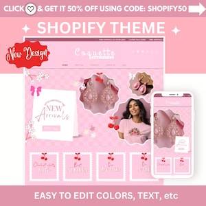 May include: A pink and white Shopify theme with a cherry and floral design. The theme features a large banner with the text "Let's checkout the new arrivals" and a smaller banner with the text "New Design". The theme also includes a mobile phone mockup showing the theme on a mobile device.