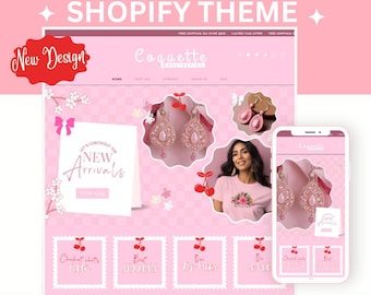 Tema de Shopify Coquette con lazos rojos y rosas, tema de Shopify personalizable para comercio electrónico, banners editables de Canva, tema de Shopify con estética rosa para boutique.