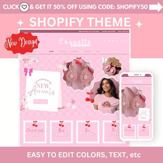 Shopify Theme Coquette Red Pink Bows Customizable Ecommerce Shopify Theme Editable Canva Banners Boutique Aesthetic Pink Shopify Theme