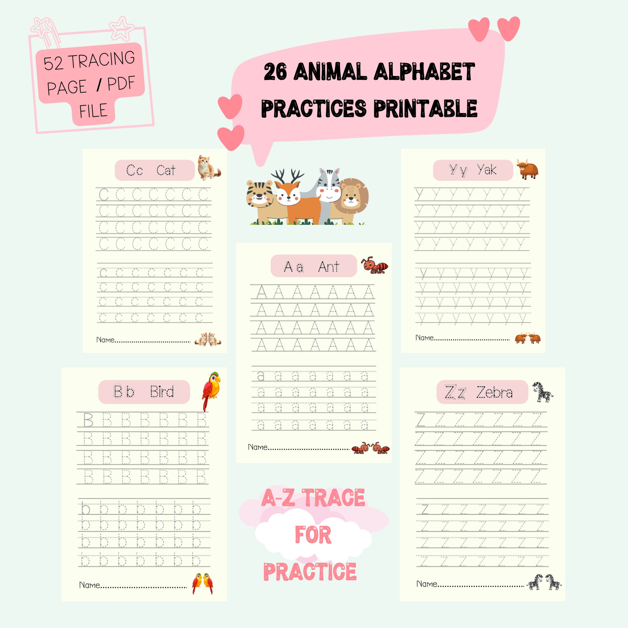 Animal Alphabet Tracing,practices Printable,abc Handwriting Practices