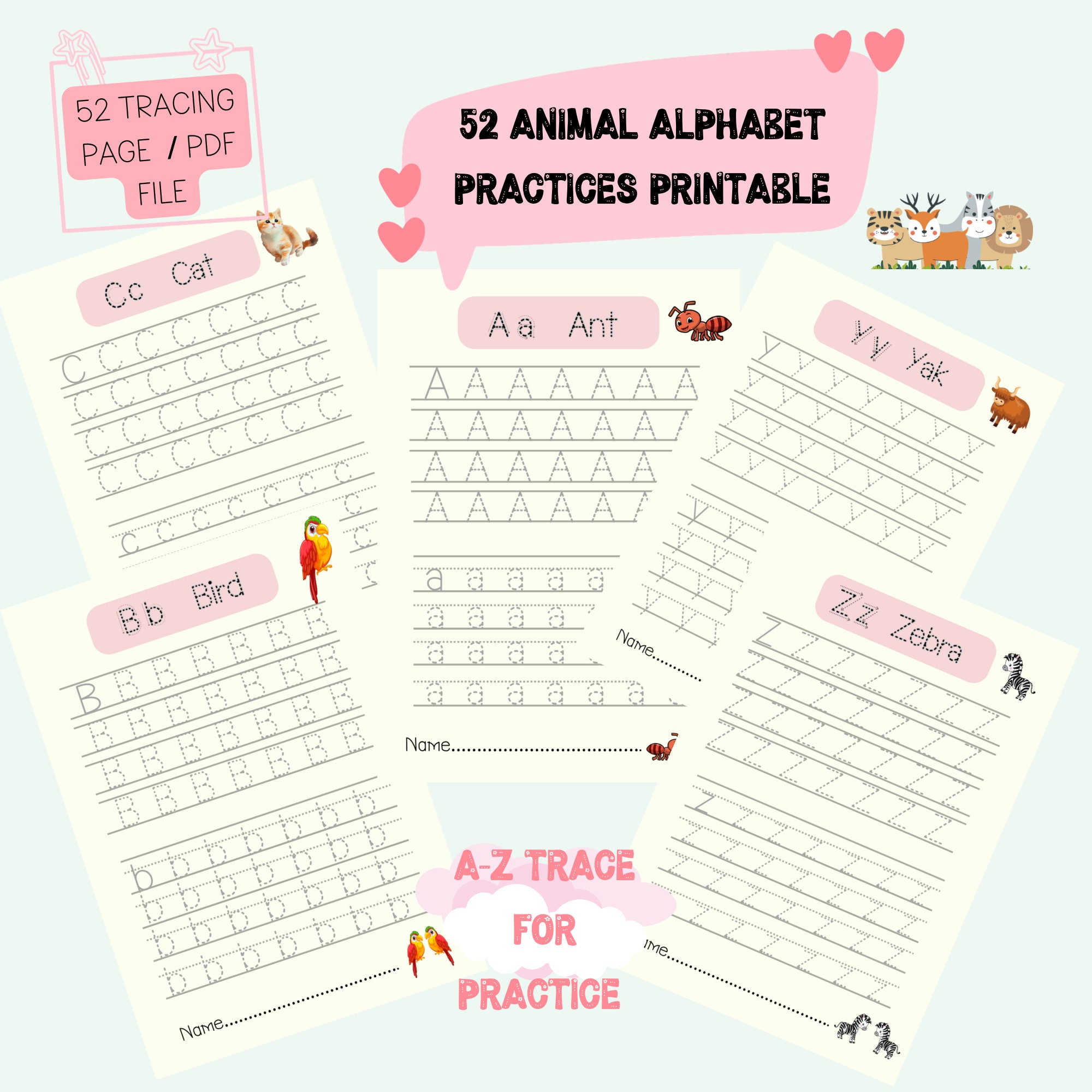 Animal Alphabet Tracing,practices Printable,abc Handwriting Practices