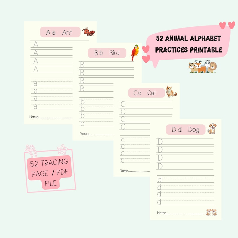 Animal Alphabet Tracing,practices Printable,abc Handwriting Practices