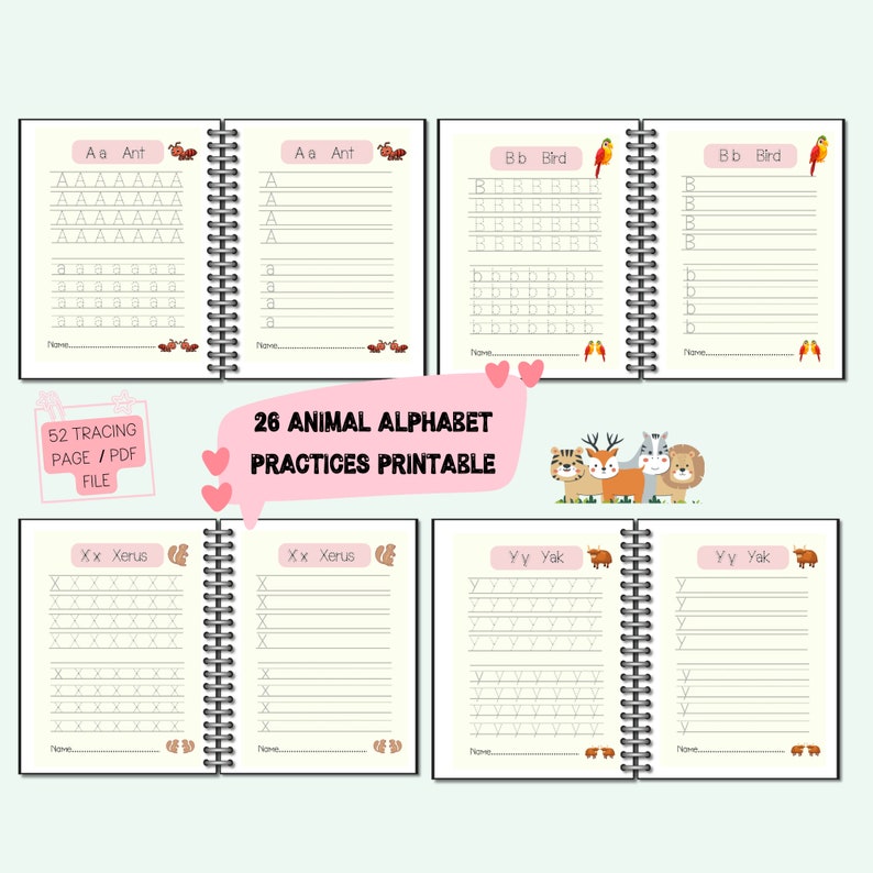 Animal Alphabet Tracing,practices Printable,abc Handwriting Practices