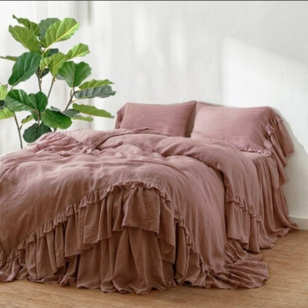 Rustic style linen bedding with double ruffles, French Linen bedding set, 3 PCS with 1 duvet cover 2 pillowcases MADE BY Thelinencover .