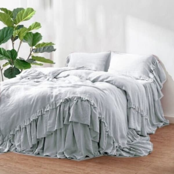 Rustic style linen bedding with double ruffles, French Linen bedding set, 3 PCS with 1 duvet cover 2 pillowcases MADE BY Thelinencover .