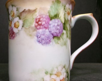 Vintage handpainted fine china cup with pink and purple berry pattern