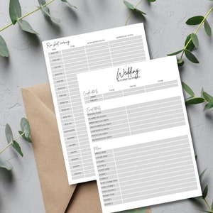 May include: Two white wedding run sheet and tasks checklists with gray details, and a brown envelope. The top sheet reads "Run sheet morning" and the bottom sheet reads "Wedding Run Sheet & Tasks". Eucalyptus branches are in the background.