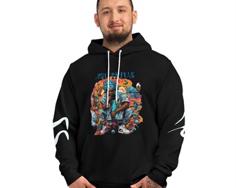 May include: Black hoodie with white text that says "Aquarius" and a colorful graphic of a person with blue hair. The sleeves have white wavy lines.