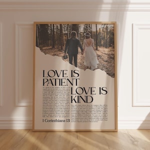 Arte bíblico personalizado para bodas: 1 Corintios 13: El amor es paciente y bondadoso. Versículo bíblico imprimible.
