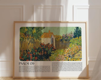May include: Framed art print featuring a vibrant impressionist painting of a garden scene with a small white building and a wooden fence. The artwork is surrounded by lush greenery and red flowers. The text "PSALM 139" is displayed at the bottom.