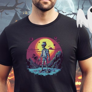 Retro Rocker Zombie Moonrise T-Shirt - Chemise d’Halloween effrayante et amusante, Vêtements d’horreur, Rock Tee, Undead Rock Star