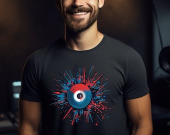 DJ Shirt Music Lover Gift DJ Fashion Patriotic DJ Vinyl Fireworks Shirt Splatter Paint T-Shirt Red White and Blue Tee Fourth of July Tee
