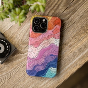Color Gradient iPhone Case, Waves of Light, Hand-Drawn Look, Glossy or Matte, MagSafe Compatible, iPhone 16 15 14 13 Plus Pro Max Mini