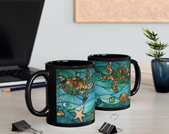 Stained Glass Sea Turtles Coffee Mug Ocean Waves Marine Life Design Vivid Colors 11 oz Black Mug Underwater Sea Life Coffee Cup