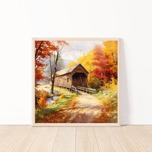Watercolor Vintage Wood Covered Bridge In Autumn Wall Art-Country Life Decor-Rustic Print-Country Landscape Art-Rustic Life Decor