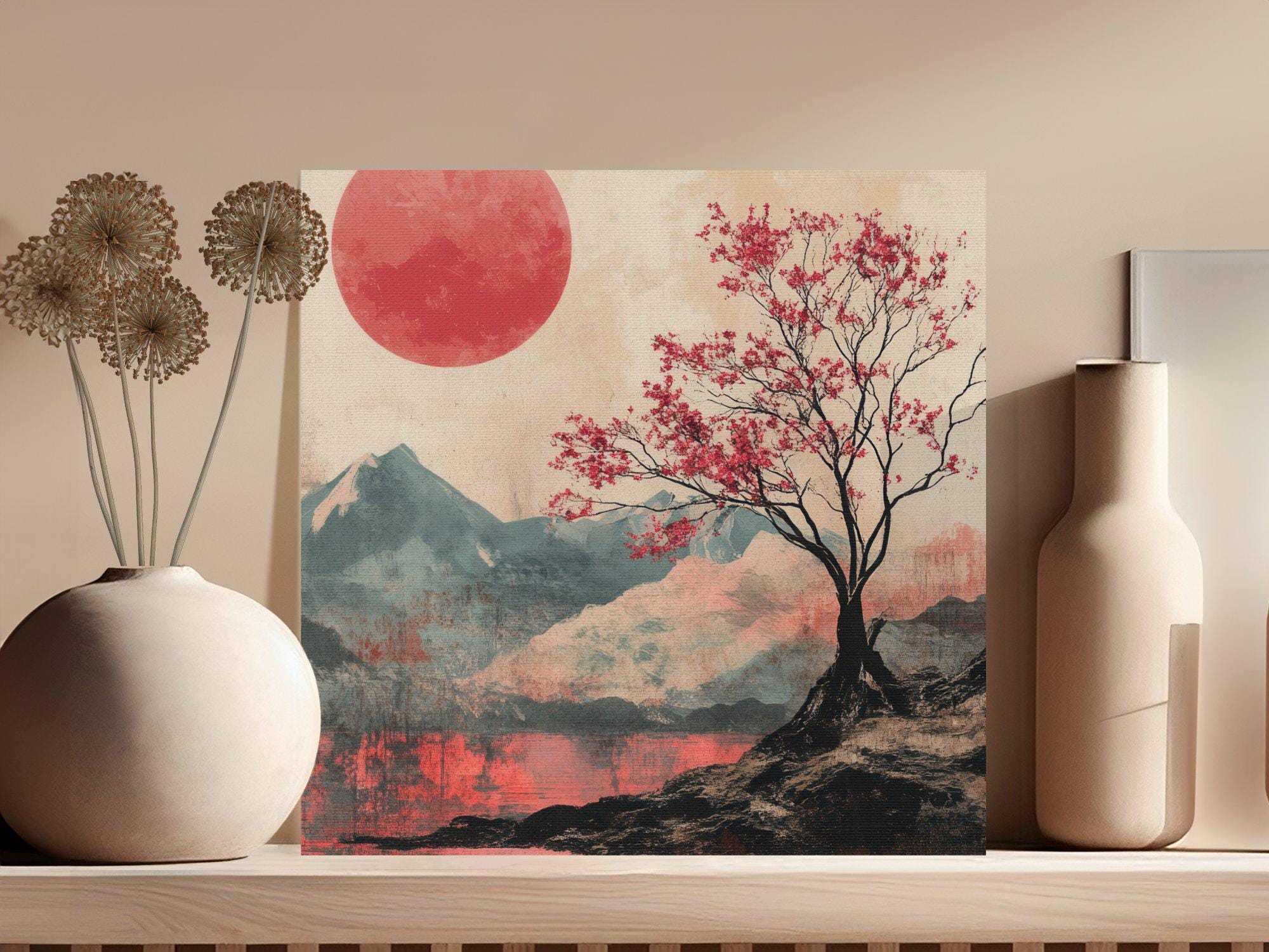 Japanese Cherry Blossom Tree Art Print, Minimalist Mountain Landscape ...