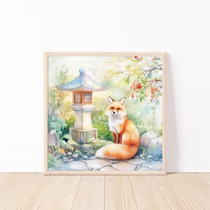 Watercolor Fox Art Printable, Japanese Garden Digital Download, Woodland Animal Wall Art, Fox Illustration Poster, Instant Download, 20&quot;x20&quot;