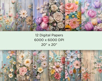 Floral Holz Digitales Papier-Shabby Chic Pastel Floral Digital Paper Pack Set-Blume Junk Journal-Floral Scrapbook Collage Sheets