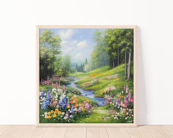 May include: A painting of a lush green forest with a stream running through it. The stream is surrounded by colorful wildflowers in shades of pink, purple, yellow, and blue. The forest is in the background, with trees in shades of green and brown.