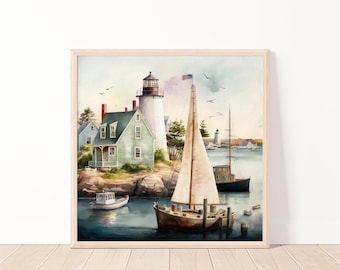 Coastal lighthouse wall art print, Nautical seaside digital download, Sailboat maritime printable decor, Vintage ocean scene, 20"20"