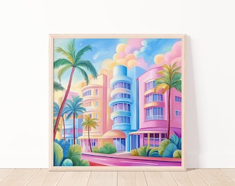Vibrant Miami Beach Scene Printable Wall Art, Pastel Colored Palm Trees and Buildings, Coastal Decor, Tropical Digital Art, 20"x20"