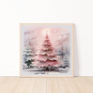 Watercolor  Pink Christmas Tree Wall Art-Country Life Decor-Rustic Print-Watercolor Landscape Art-Rustic Life Decor-Holiday Watercolor Art