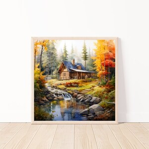 Watercolor  Rustic Cabin in Autumn Wall Art-Country Life Decor-Rustic Print-Nature Landscape Art-Watercolor Landscape-Rustic Life Decor