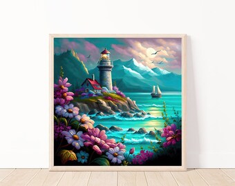 Sailboat ParadiseWall Art-Nautical Ai Wall Art-Lighthouse Print-Lighthouse Decor-Lighthouse & Sailboat Digital Download-12" x 12"