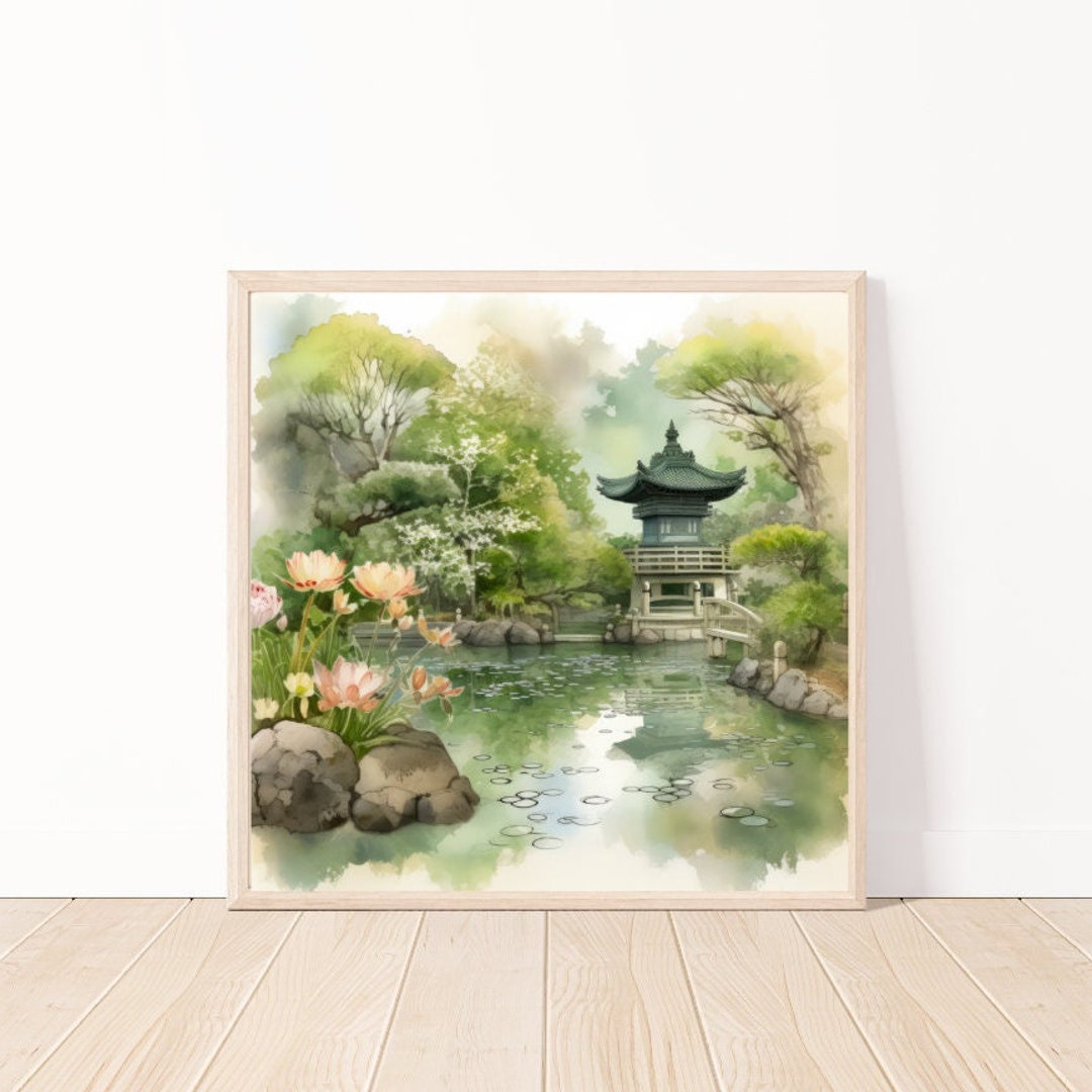 Watercolor Pond With Lotus Flowers in A Zen Garden Wall Art-japan Print ...