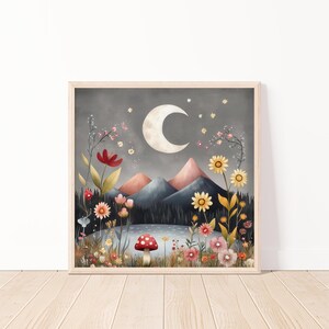 Enchanted Moonlit Mountain Landscape Wall Art-Whimsical Nature Art Print-Mystical Flower Garden Illustration-Fairy Tale Wall Art-20&quot;x20&quot;