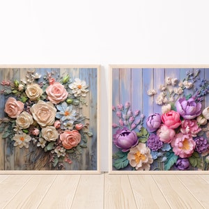 Pastel Flowers On Wood Set Of 2 Wall Art-Americana Art-Rustic Wall Art-Country Chic Decor-Vintage Floral Wall Art-Country Home Wall Decor