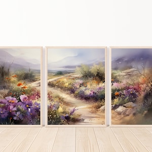 Watercolor Desert Landscape Printable Wall Art-Country Floral Art-Desert Flower Digital Background-Southwestern Décor-3-Piece Set