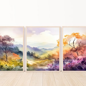 Watercolor Mountain Landscape Printable Wall Art Set-Mountain and Floral Pictures-Spring Summer Mountain Wall Art-Country Chic Décor