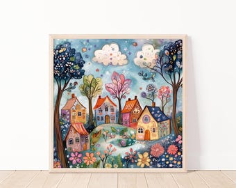 Whimsical Village Art Print, Cute Houses Wall Decor, Fairy Tale Landscape, Kids Printable Art, Instant Download, Nursery Art, 20"x20"