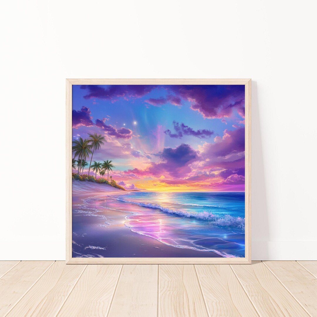 Tropical Beach Sunset Wall Art, Colorful Ocean Landscape Poster ...