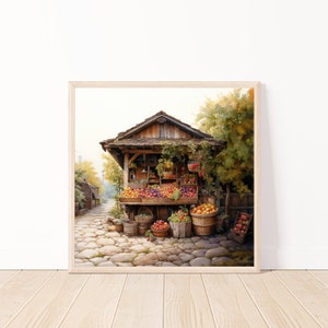 Watercolor Vintage Country Fruit Stand Wall Art-Country House Decor-Farmhouse Art-Country Chic Art-Rustic Country Life Decor-Farmhouse Decor