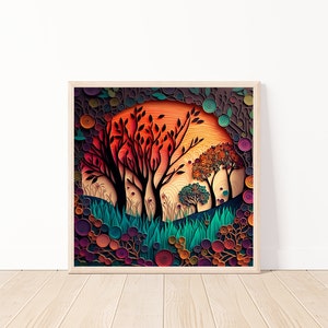 Landscape Paper Quilling Art Paper Quilling-Trees and Sunset Ai Wall Art-Forest Landscape Art-Tree and Flower Digital Download-12&quot; x 12&quot;