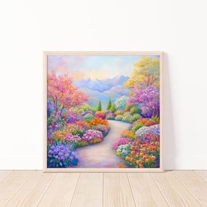Vibrant watercolor mountain path art print, colorful landscape with flowers and trees, unique wall decor, nature-inspired artwork 20"x20"