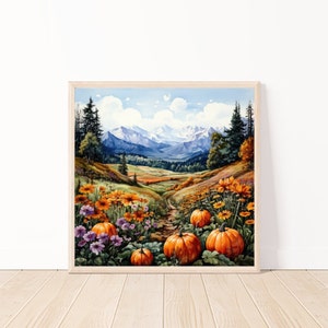 Watercolor Field o Pumpkins Wall Art-Autumn Watercolor Art-Country Chic Wall Decor-Harvest Season Art-Country Art Decor-Farmhouse Art Decor