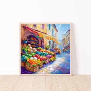 Colorful European Market Street Painting, Charming Town Impressionist Art Print, Vibrant Fruit and Vegetable Stand, Market Scene 20&quot;x20&quot;